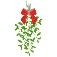 Hanging mistletoe with white berries and Red Ribbon bow. Cute cartoon flat illustration. Vector Christmas plant sticker in color doodle style. New Year, Xmas branches icon or print. Isolated on white.