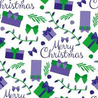 Merry Christmas seamless Pattern. Text design, Gift box, Garland, Fir tree branch Wrapping paper for New year holidays. Seasonal Repeat template, Festive background with Xmas elements. vector