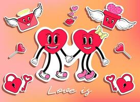 retro paquete de linda pegatinas vector diseño. Pareja maravilloso caracteres de moda san valentin día parches recopilación. amor tema con elementos sobre, ángel y kay