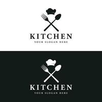 cocina logo diseño con creativo del chef sombrero y Cocinando utensilios logo para restaurante, cocinero, negocio. vector