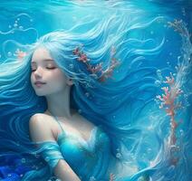 the blue aquarius mermaid in the deep ocean, incredibly beautiful, AI generated photo