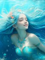 the blue aquarius mermaid in the deep ocean, incredibly beautiful, AI generated photo