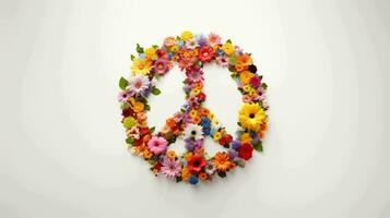 Peace Symbol Made from Various Flowers on the White Background photo