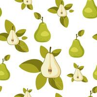 Seamless pattern of yellow green whole pear, pear halves and leaves on a white background.  Colorful background texture for kitchen, wallpaper, textiles, menus, cards, posters, prints, packaging. vector