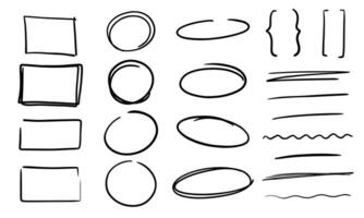 Set of hand drawn elements for selecting text. Set of rectangles, ovals, ellipses. Text field and frames. Select the frames of the circle in doodle style. Highlighting text, text selection. vector