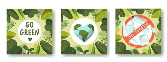 A set of cards on the theme of saving the earth, earth day. No plastic, love the earth, go green. In a frame of leaves. Vector illustration, cartoon flat style.