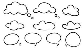 Speech or thought bubbles of different shapes. Thought cloud. Thought bubble icon in trendy hand drawn doodle style design. Vector illustration. Black outline illustrations on a white background