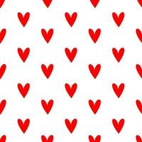 Seamless pattern of simple red hearts isolated on white for wrapping paper or fabric. Valentine's day holiday backdrop texture, romantic wedding design. Vector illustration.