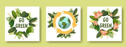 A set of cards on the theme of saving the earth, earth day. Recycle, love the earth, go green. In a wreath of leaves and flowers. Vector illustration, cartoon flat style.