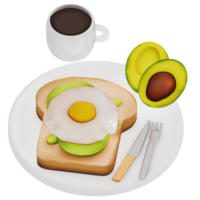 Ei mit Avocado Toast und schwarz Kaffee zum Frühstück 3d isoliert Illustration . 3d Rendern png