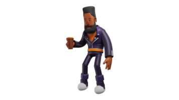 3D Illustration. Exhausted Man 3D cartoon character. The man walked while carrying a drink. A bearded man walked bowing while showing an expression of fatigue. 3D cartoon character png