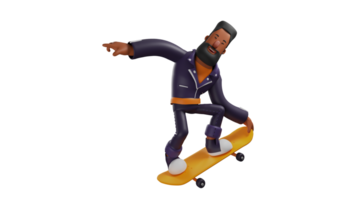 3d ilustração. especialista homem 3d desenho animado personagem. uma barbudo homem quem mostra dele perícia dentro jogando skate. legal homens quem sorrir alegremente e vestem legal roupas. 3d desenho animado personagem png