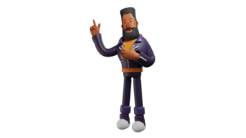 3D Illustration. Happy Bearded Men 3D cartoon character. Men hold a cellphone with a yellow case. The young man smiled was raising one hand. 3D cartoon character png