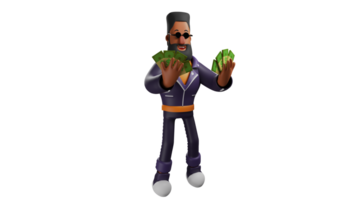 3D illustration. Rich Man 3D Cartoon Character. A rich man with a beard. Bearded man wearing sunglasses and holding a lot of money in both hands. 3D cartoon character png