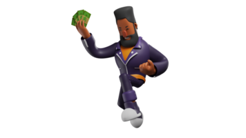 3D Illustration. Successful Youth 3D Cartoon Character. A bearded man holding a lot of money. A rich bearded man gets a lot of money and shows a happy pose. 3D cartoon character png
