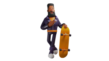 3d illustration. Häftigt skägg 3d tecknad serie karaktär. vuxen män stå medan innehav en gul skateboard. en skäggig man log sött. 3d tecknad serie karaktär png