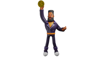 3D Illustration. Successful Men 3D Cartoon Character. The man stood up while lifting a gold coin he got. A bearded man smiled and showed his happy expression. 3D cartoon character png