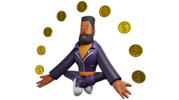 3D illustration. Bearded Man 3D Cartoon Character. The man is in a mediation pose and has his eyes open. A man with a thick beard sits surrounded by gold coins. 3D cartoon character png