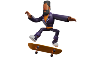 3D Illustration. Happy Men 3D cartoon character. The beard man played skate in his leisure time. Adult men who enjoy his vacation time with pleasure. 3D cartoon character png