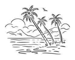 Panorama of the summer landscape. Tall palm trees against the backdrop of mountains and sea and clouds. Vector linear illustration