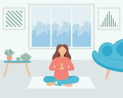 Pregnant woman in yoga pose in room vector