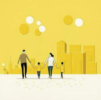 contento familia camina alrededor el ciudad parque. padre, madre, hijo y hija juntos al aire libre. ilustración en dibujos animados estilo, ai generado foto