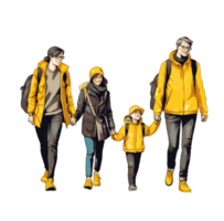 contento familia camina alrededor el ciudad parque. padre, madre, hijo y hija juntos al aire libre. ilustración en dibujos animados estilo, ai generado png