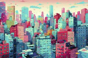 Spectacular watercolor painting of an abstract urban, cityscape, skyscraper scene in orange.. Digital art 3D illustration, AI Generated photo