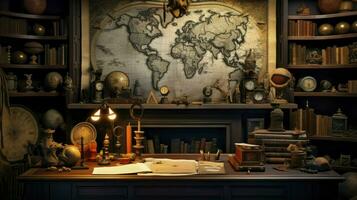Geologist work desk. On his desk are map case, geological hammer, compass, magnifying glass, drill core, rock samples, topographic and geological maps, AI Generated photo
