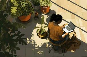 Young female gardener using laptop, communicates on internet with customer in home garden, reusable coffee tea mug on table.Cozy office workplace, remote work, E learning concept, AI Generated photo