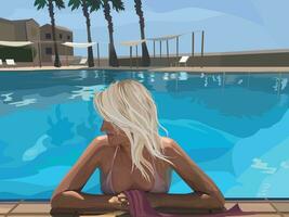 a girl in the pool, a summer day by the pool. Rest. Can be used as a painting, poster, postcard vector