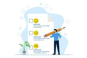 Customer assessment concept. Feedback from consumers liking products and services, customer satisfaction benchmark, man holding pencil giving rating on questionnaire with happy, neutral and angry face vector