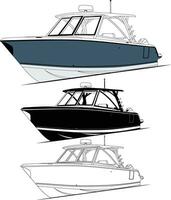 Fishing boat vector graphic, line art, and one-color