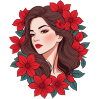 Cartoon female lady with red flowers. AI Generative png