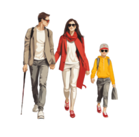 content famille des promenades autour le ville parc. père, mère, fils et fille ensemble en plein air. illustration dans dessin animé style, ai généré png