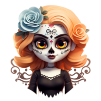 Artistic Cartoon Style Day of the Dead Style Girl Makeup Costume Candy Skull Makeup No Background Perfect for Print on Demand AI Generative png