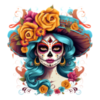 Artistic Cartoon Style Day of the Dead Style Girl Makeup Costume Candy Skull Makeup No Background Perfect for Print on Demand AI Generative png