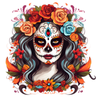 Artistic Cartoon Style Day of the Dead Style Girl Makeup Costume Candy Skull Makeup No Background Perfect for Print on Demand AI Generative png