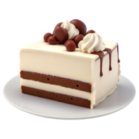 Triangular piece of dark and white chocolate cake with vanilla cream on transparent. AI Generated png