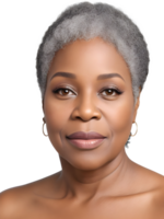 close-up portrait of a senior old black African American woman with grey hair on transparent. AI Generated png