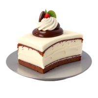 Triangular piece of dark and white chocolate cake with vanilla cream and strawberry topping on transparent. AI Generated png