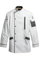 cocinero chaqueta Bosquejo, frente vista, 3d representación. vacío algodón Maestro proteger sobretodo burlarse de arriba , aislado. claro Servicio o jefe vestir barathea mokcup plantilla, ai generado png