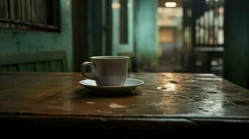 Vintage coffee cup on old wooden table, AI Generated photo