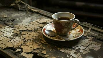 Clásico café taza en antiguo de madera mesa, ai generado foto