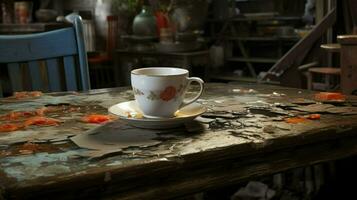 Vintage coffee cup on old wooden table, AI Generated photo