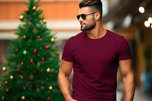 Man wearing blank Red T-shirt Christmas Red shirt mockup , Created With Generative AI Technology photo