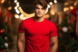 Man wearing blank Red T-shirt Christmas Red shirt mockup , Created With Generative AI Technology photo