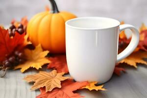 Coffee mug mockup with Fall decorations, Fall White Mug Mockup, Created With Generative AI Technology photo