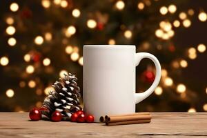 Coffee mug mockup with red Christmas decorations, Christmas White Mug Mockup, Created With Generative AI Technology photo