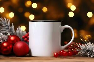 Coffee mug mockup with red Christmas decorations, Christmas White Mug Mockup, Created With Generative AI Technology photo